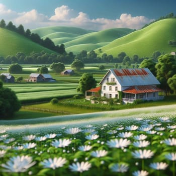 A digital painting depicting a white farmhouse surrounded by white flowers in a lush green field. The scene is bathed in warm sunlight. A high-quality photo.