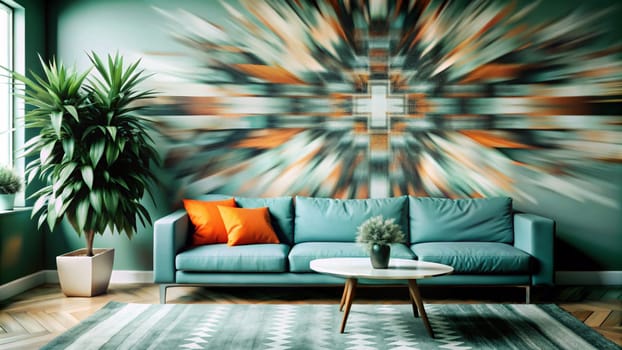 A 3D rendering of a living room interior with a blue sofa, orange pillows, and a colorful abstract artwork on the wall. A high-quality photo.