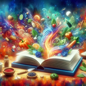 A surreal illustration of an open book with a burst of colorful food and ingredients erupting from its pages. A high-quality photo.