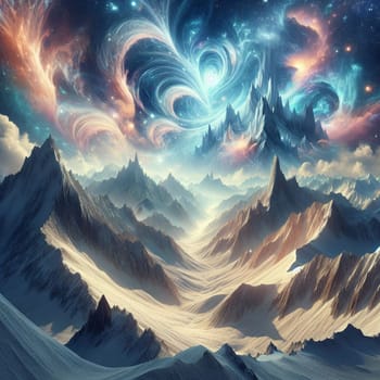 A digital painting of a mountainous landscape with a swirling galaxy in the sky. The scene is vibrant and colorful, evoking a sense of wonder and adventure. A high-quality photo.