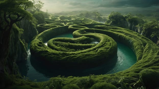 A 3D rendering of a lush, green landscape with a winding river forming a spiral shape. A high-quality photo.