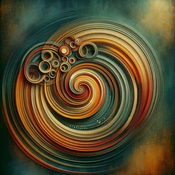 Abstract digital artwork depicting a swirling spiral of circles in shades of orange, brown, and teal. The artwork has a textured, 3D effect. A high-quality photo.