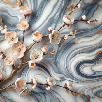 A 3D rendering of delicate, pink cherry blossoms on a golden branch against a background of swirling, gray and white marble. A high-quality photo.