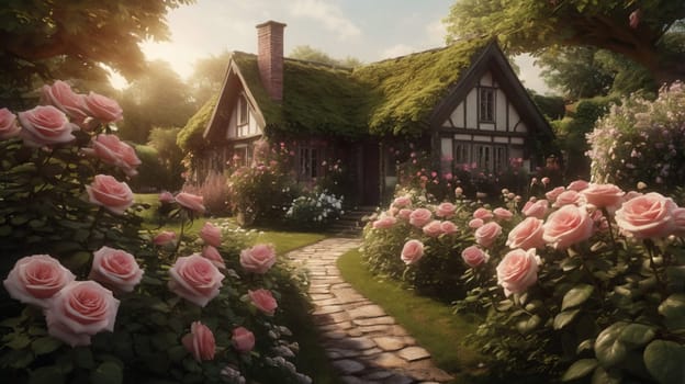 A digital painting of a charming cottage with a moss-covered roof and a rose garden. The scene is bathed in warm sunlight and evokes a sense of peace and tranquility. A high-quality photo.