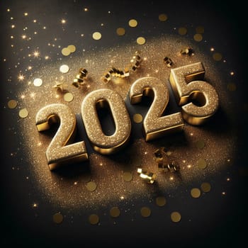A 3D rendering of the year 2025 in gold, with a sparkling effect and confetti around it. A high-quality photo.
