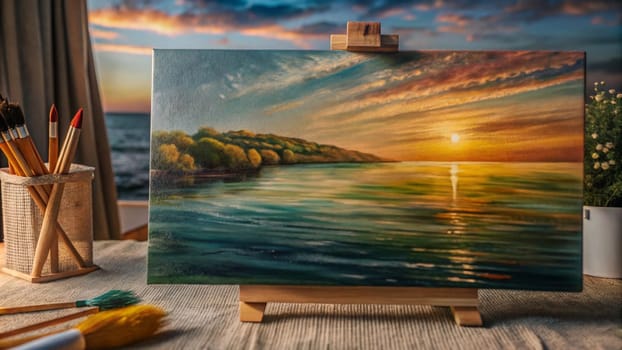 A photo of a painting depicting a sunset over a body of water. The painting is on an easel with paintbrushes and other art supplies nearby. A high-quality photo.