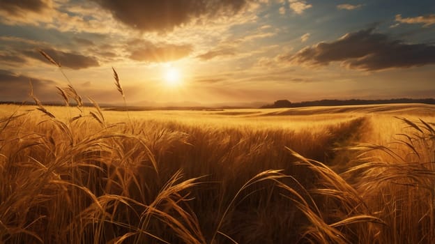 A photo of a field of wheat with the setting sun in the background. A high-quality photo.