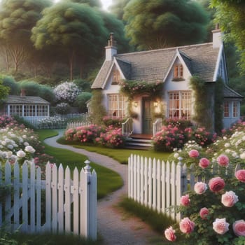 A digital painting of a charming cottage with a white picket fence and a rose garden. The scene is set in a lush, green valley with a bright, sunny sky. A high-quality photo.
