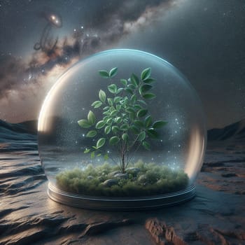 A 3D rendering of a small plant in a glass dome, with a starry night sky in the background. A high-quality photo.