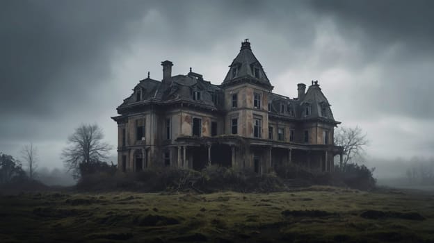 A photo of a large, abandoned, gothic-style mansion in a foggy field. A high-quality photo.