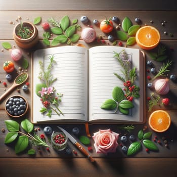 A photo of an open cookbook with fresh herbs and spices surrounding it. A high-quality photo.