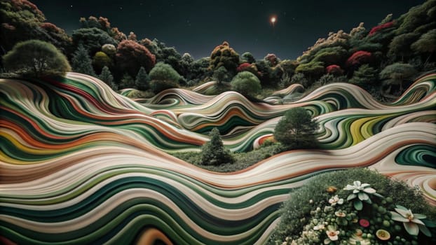 A 3D rendering of a landscape with rolling hills and a winding river, with a dreamy, abstract style, like a landscape painted with brushstrokes of different colors. A high-quality photo.