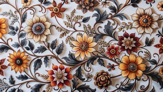 A close-up photo of a floral pattern on a white background. The pattern features intricate designs of flowers and leaves, creating a beautiful and delicate design. A high-quality photo.