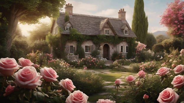 A digital painting of a charming cottage with a stone facade and a rose garden. The scene is bathed in warm sunlight and evokes a sense of peace and tranquility. A high-quality photo.
