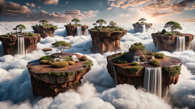 A digital painting depicting a collection of floating islands in the sky. Each island is adorned with trees and waterfalls, creating a surreal and magical landscape. A high-quality photo.