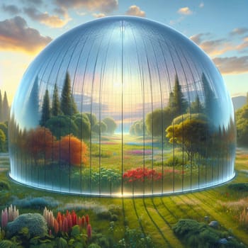 A digital painting depicting a large, glass dome, shaped like a globe, enclosing a diverse and vibrant ecosystem. A high-quality photo.