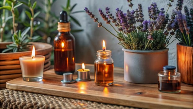 A photo of a wooden tray with candles, essential oils, and lavender plants, creating a relaxing and aromatic spa-like atmosphere. A high-quality photo.