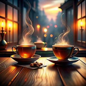 A photo of two steaming cups of tea on a wooden table with a blurry background of a cafe at sunset. A high-quality photo.
