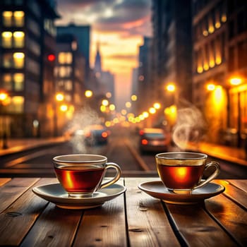A photo of two steaming cups of tea on a wooden table with a blurry background of a city street at night. A high-quality photo.
