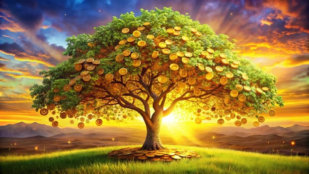 A 3D rendering of a money tree with gold coins hanging from its branches. The tree is set against a sunset background, representing wealth and prosperity. A high-quality photo.