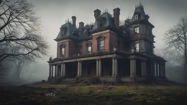 A photo of a large, abandoned, gothic-style mansion in a foggy forest. A high-quality photo.