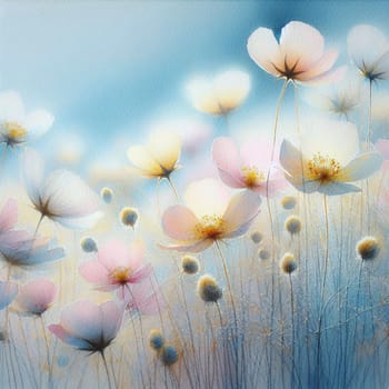 A watercolor painting of a field of delicate, pink and white flowers. The painting is soft and dreamy, with a blurred background of a blue sky. A high-quality photo.