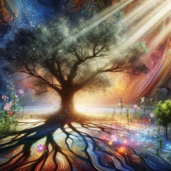 An abstract painting depicting a single tree with a colorful, swirling background. The scene represents the interconnectedness of life and nature. A high-quality photo.