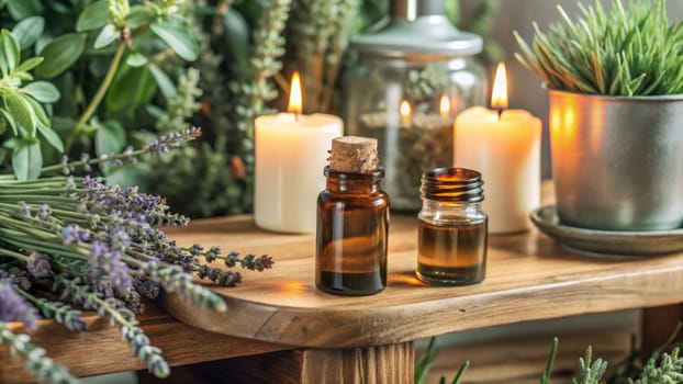A photo of a wooden tray with candles, essential oils, and lavender plants, creating a relaxing and aromatic spa-like atmosphere. A high-quality photo.