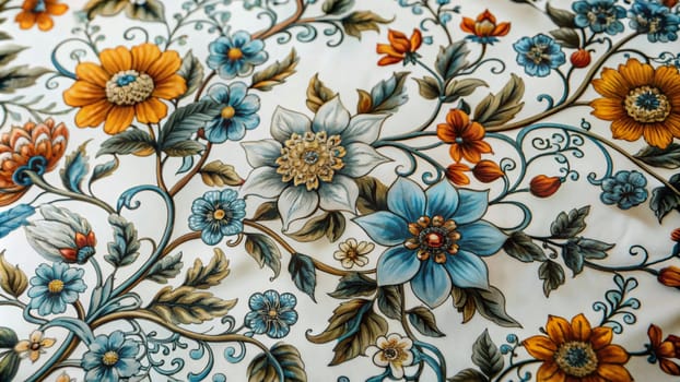 A close-up photo of a floral pattern on a white background. The pattern features intricate designs of flowers and leaves in a vintage style. A high-quality photo.