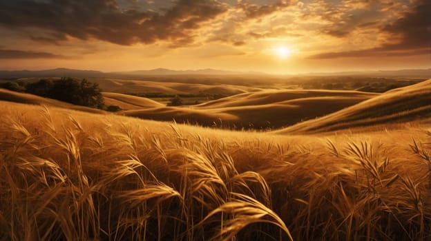 A photo of a field of wheat with the setting sun in the background. A high-quality photo.
