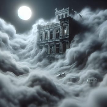 A photo of a dilapidated, gothic-style mansion standing amidst a sea of clouds. The scene is lit by a full moon, creating a spooky and atmospheric effect. A high-quality photo.