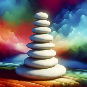 A 3D rendering of a stack of white stones in a zen-like arrangement. The background is a colorful, abstract landscape, representing balance and harmony. A high-quality photo.
