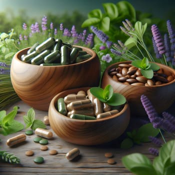 A photo of three wooden bowls filled with herbal capsules, almonds, and fresh herbs, representing the concept of natural health and wellness. A high-quality photo.