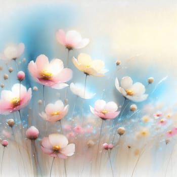 A watercolor painting of a field of delicate, pink and white flowers. The painting is soft and dreamy, with a blurred background of a blue sky. A high-quality photo.