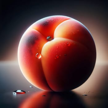 A close-up photo of a ripe peach with water droplets on its surface. The peach is illuminated by a soft, warm light, highlighting its juicy and delicious texture. A high-quality photo.