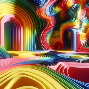 Abstract 3D illustration featuring a colorful, layered landscape with arches and platforms. The background is a swirling in a rainbow of colors. A high-quality photo.