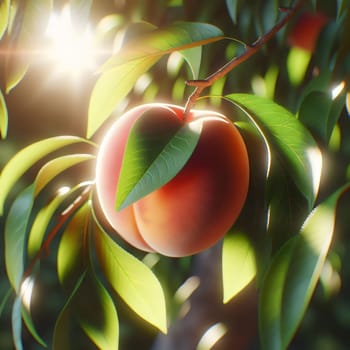 A close-up photo of a peach hanging from a branch of a peach tree. The scene is bathed in warm sunlight, highlighting the peach's smooth skin and juicy flesh. A high-quality photo.