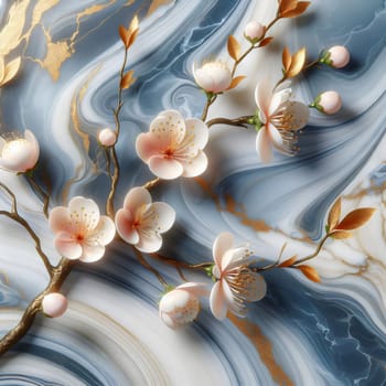 A 3D rendering of delicate, pink cherry blossoms on a golden branch against a background of swirling, blue and white marble. A high-quality photo.