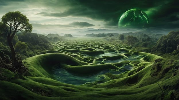 A surreal landscape painting depicting a verdant valley with winding rivers and a giant, green planet in the sky. The scene is filled with an otherworldly beauty. A high-quality photo.