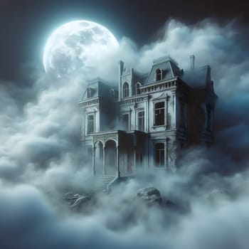 A 3D rendering of a dilapidated, gothic-style mansion standing on a rocky outcropping amidst a sea of clouds. The scene is lit by a full moon. A high-quality photo.