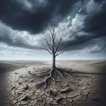 A photo of a dead tree with exposed roots standing in a cracked, dry desert landscape. The scene symbolizes the fragility of nature and the impact of climate change. A high-quality photo.