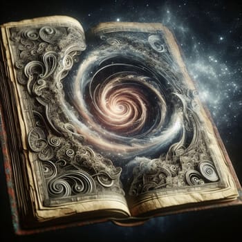 A vintage book with a swirling, cosmic galaxy visible through its pages. The scene evokes a sense of magic and the boundless possibilities of knowledge. A high-quality photo.