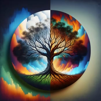 Abstract painting depicting a tree with half its branches bare and half covered in green leaves. The tree is surrounded by a circle of colorful. A high-quality photo.