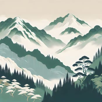 A stylized digital painting of a mountain range with snow-capped peaks and a single pine tree in the foreground. The scene is rendered in a minimalist, geometric style. A high-quality photo.