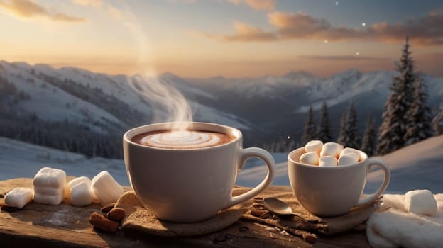 A photo of a cup of hot chocolate with marshmallows sitting on a wooden table in front of a snowy mountain landscape. The scene is bathed in the warm light of a setting sun. A high-quality photo.