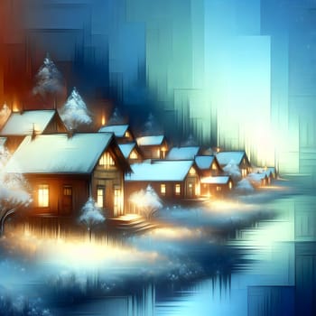 A digital painting depicting a small, snowy village at night. The houses are cozy and inviting, with warm lights glowing from their windows. A high-quality photo.
