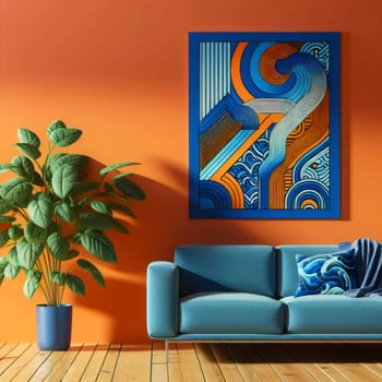 A 3D rendering of a living room interior with a blue velvet sofa, a potted plant, and a wall-mounted abstract artwork in vibrant orange, blue, and beige hues. A high-quality photo.