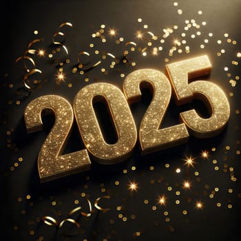 A 3D rendering of the year 2025 in gold, with a sparkling effect and confetti around it. A high-quality photo.