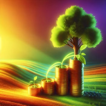 A 3D illustration depicting a stylized tree growing from a stack of gold coins. The scene is set against a colorful, abstract background. A high-quality photo.