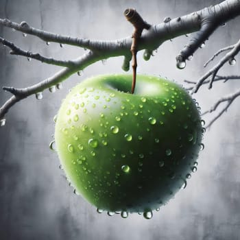 A close-up photo of a green apple with water droplets on its surface. The apple is hanging from a branch of a bare tree, creating a simple and elegant still life. A high-quality photo.